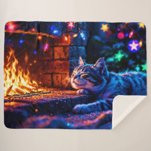 Festive sleeping cat colourful pet lover art sherpa blanket