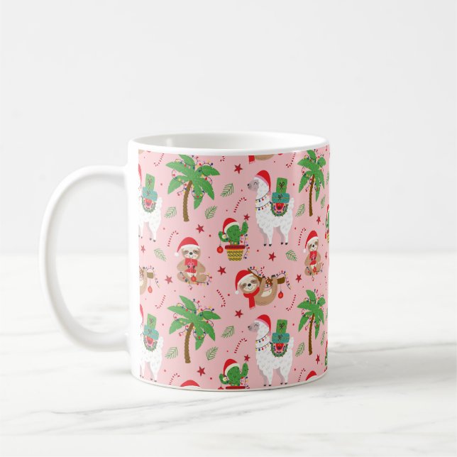 Festive Sloths and Llamas Holiday Pattern Coffee Mug (Left)