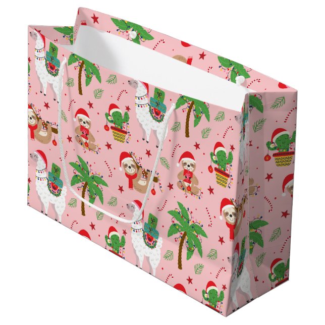 Festive Sloths and Llamas Holiday Pattern Large Gift Bag (Front Angled)