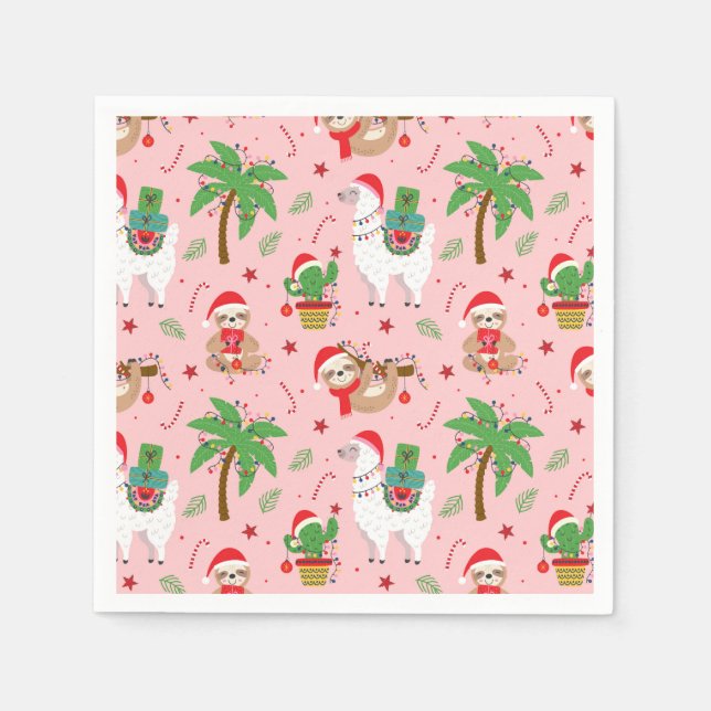 Festive Sloths and Llamas Holiday Pattern Napkin (Front)