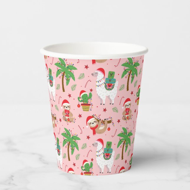 Festive Sloths and Llamas Holiday Pattern Paper Cups (Front)