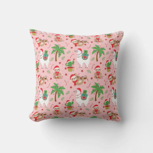 Festive Sloths and Llamas Holiday Pattern Throw Pillow