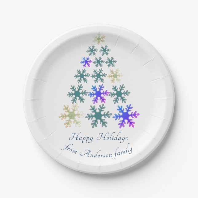 Festive Snowflake Christmas Tree Family Holiday Paper Plate (Front)