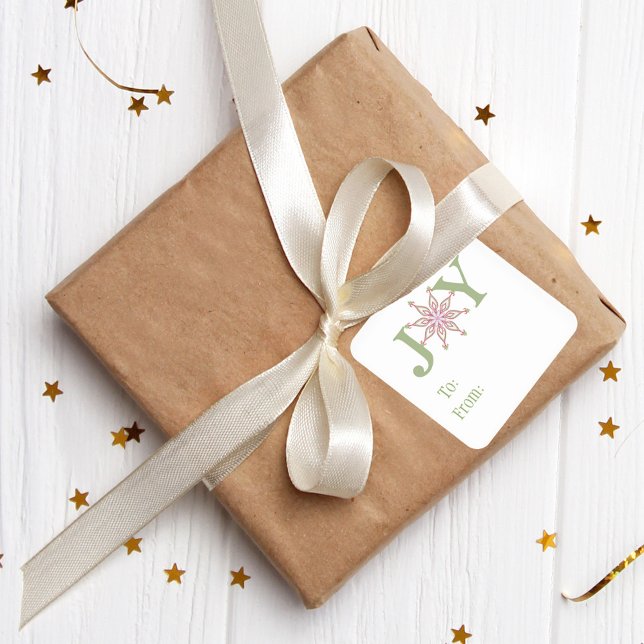 Festive Snowflake Joy Colourful Holiday To From Square Sticker (Christmas Joy typography red and green snowflake design gift square sticker. )