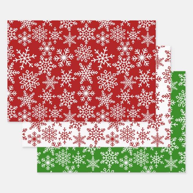 Festive Snowflake Red Green Christmas Wrapping Paper Sheet (Set)