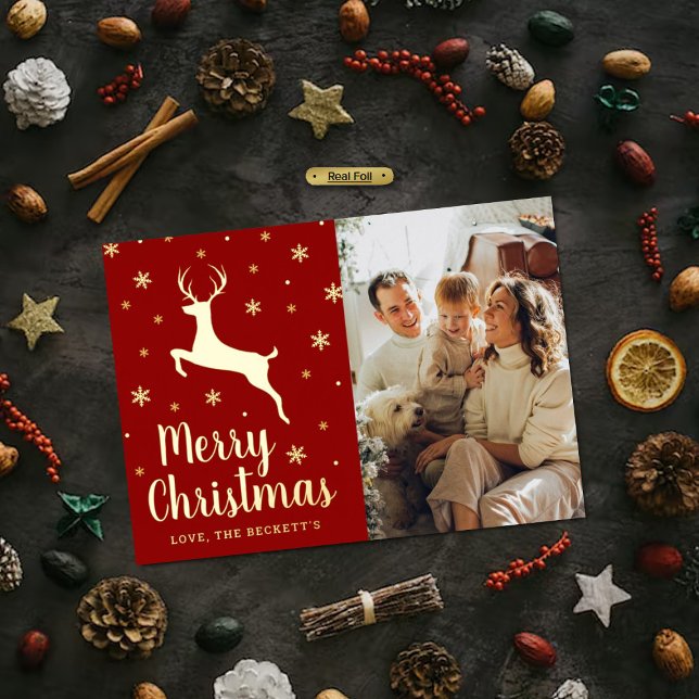 Festive Snowflake & Reindeer Christmas Photo Real Foil Holiday Card (Creator Uploaded)
