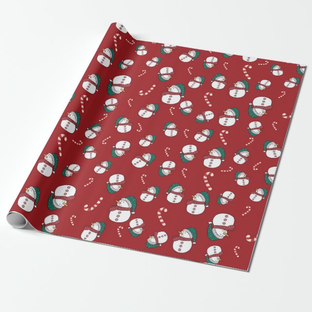 Festive snowman and candy cane Christmas pattern Wrapping Paper (Unrolled)