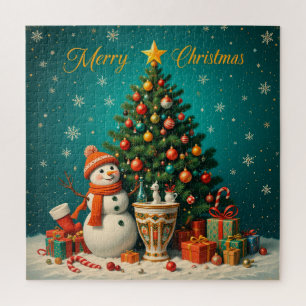Festive Snowman and Christmas Tree with Gifts Jigsaw Puzzle