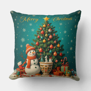 Festive Snowman and Christmas Tree with Gifts Throw Pillow