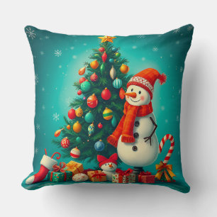 Festive Snowman and Christmas Tree with Gifts Throw Pillow