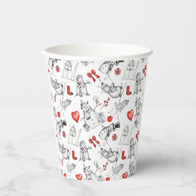 Festive snowman and holiday icons pattern paper cups (Front)