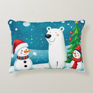Festive Snowman and Polar Bear Celebrating Winter Accent Pillow