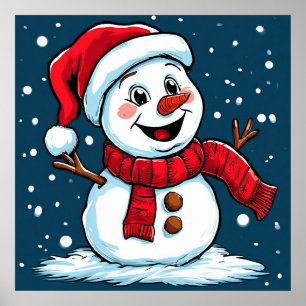Festive Snowman Cartoon with Santa Hat Poster