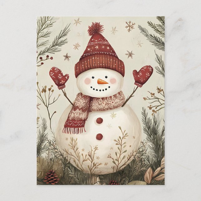 Festive Snowman Christmas Greeting Postcard (Front)