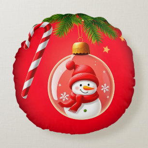 Festive Snowman Christmas Ornament Candy Cane Round Pillow