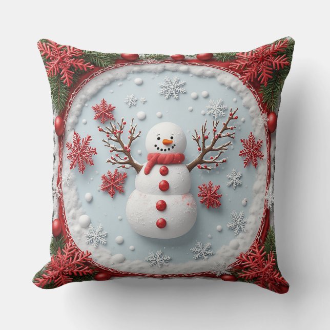 Festive Snowman Design with Christmas Decorations Throw Pillow (Front)
