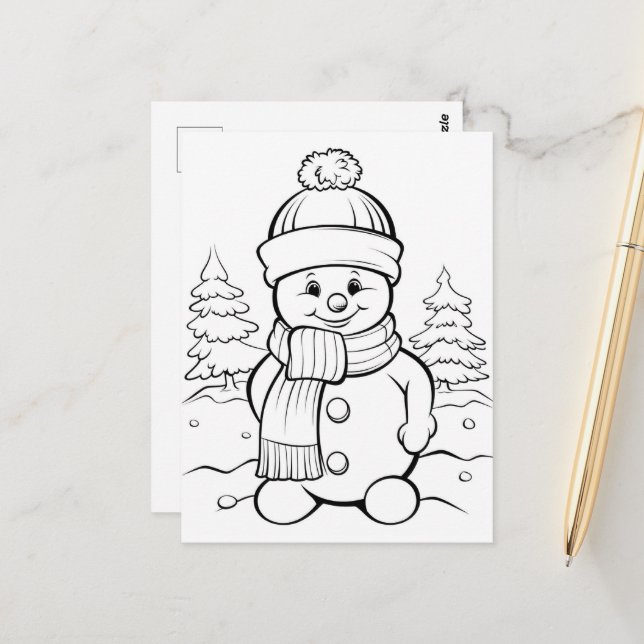 Festive Snowman enfants colorier carte postale (Devant/Arrière en situation)