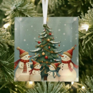 Festive Snowman Family Christmas Collection Glass Ornament
