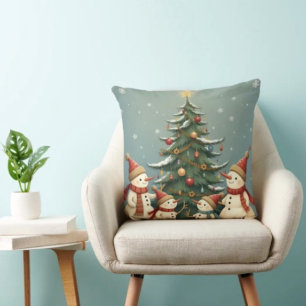 Festive Snowman Family Christmas Collection Throw Pillow