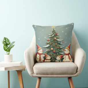 Festive Snowman Family Christmas Collection Throw Pillow