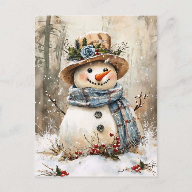 Festive Snowman in Forest Postcard (Front)