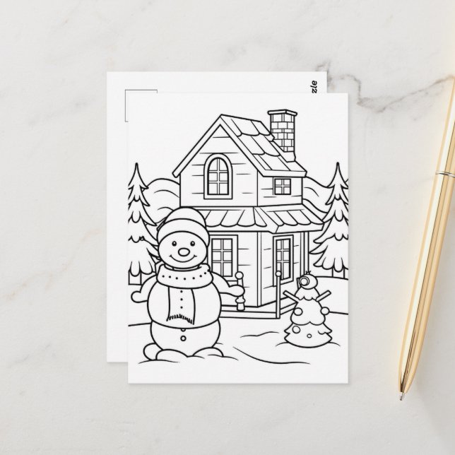 Festive snowman kids colouring  postcard (Front/Back In Situ)