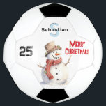 Festive Snowman Monogrammed Merry Christmas Soccer Ball<br><div class="desc">Enhance your seasonal soccer games with this festive football. The ball pictures a friendly snowman in watercolor style, accompanied by a number and 'Merry Christmas' greeting in red lettering. Personalize with the lucky recipient's initial and name, which will be displayed prominently as a monogram. You can also edit the number...</div>