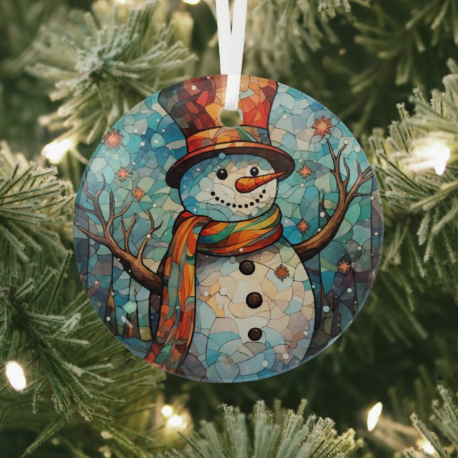 Festive Snowman Stained Glass   Glass Ornament (Insitu)