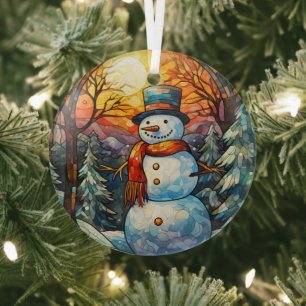 Festive Snowman Stained Glass Glass Ornament