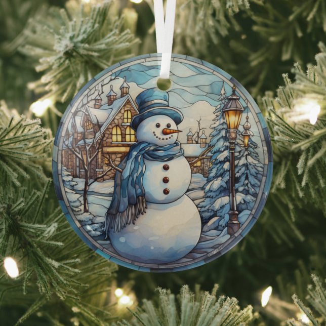 Festive Snowman Stained Glass   Glass Ornament (Insitu)