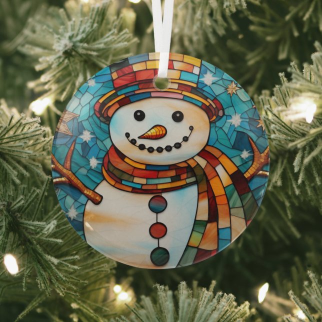 Festive Snowman Stained Glass   Ornament (Insitu)