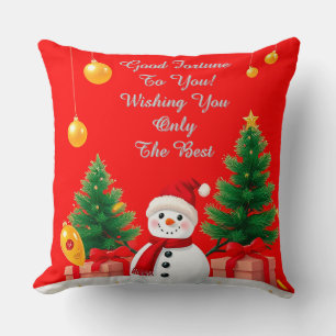Festive Snowman With Christmas Trees Throw Pillow