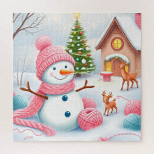 Festive Snowman with Deer in a Winter Wonderland Jigsaw Puzzle