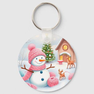Festive Snowman with Deer in a Winter Wonderland Keychain