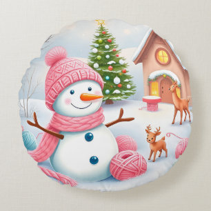 Festive Snowman with Deer in a Winter Wonderland Round Pillow