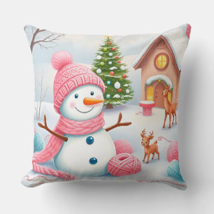 Festive Snowman with Deer in a Winter Wonderland Throw Pillow