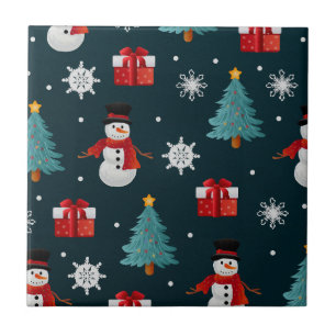Festive Snowmen Christmas Trees and Gifts Pattern Tile