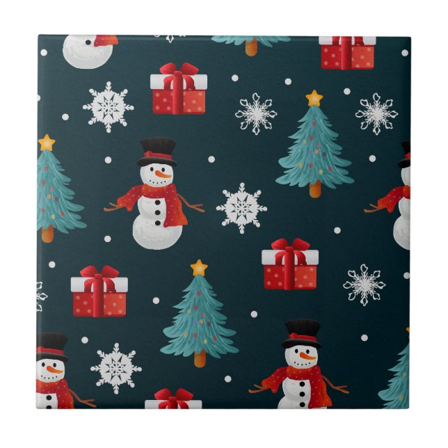Festive Snowmen Christmas Trees and Gifts Pattern Tile (Front)