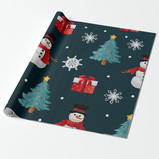 Festive Snowmen Christmas Trees Holiday Gift Wrapping Paper (Unrolled)
