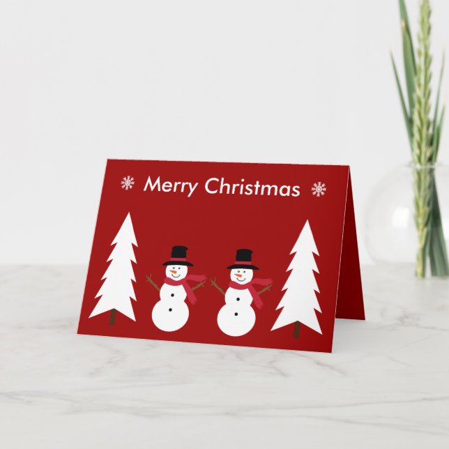 Festive snowmen & trees red & white Christmas Card (Front)