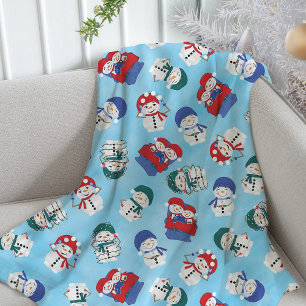 Festive Snowmen Watercolor Christmas Pattern Fleece Blanket