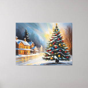 Festive Snowy Cabin with Christmas Tree  Canvas Print