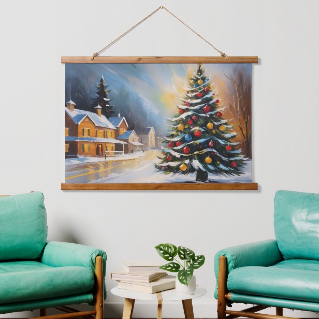Festive Snowy Cabin with Christmas Tree  Hanging Tapestry (Living Room)