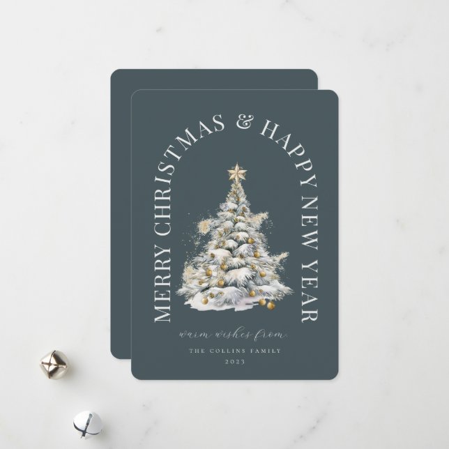 Festive Snowy Christmas Tree  Holiday Card (Front/Back In Situ)