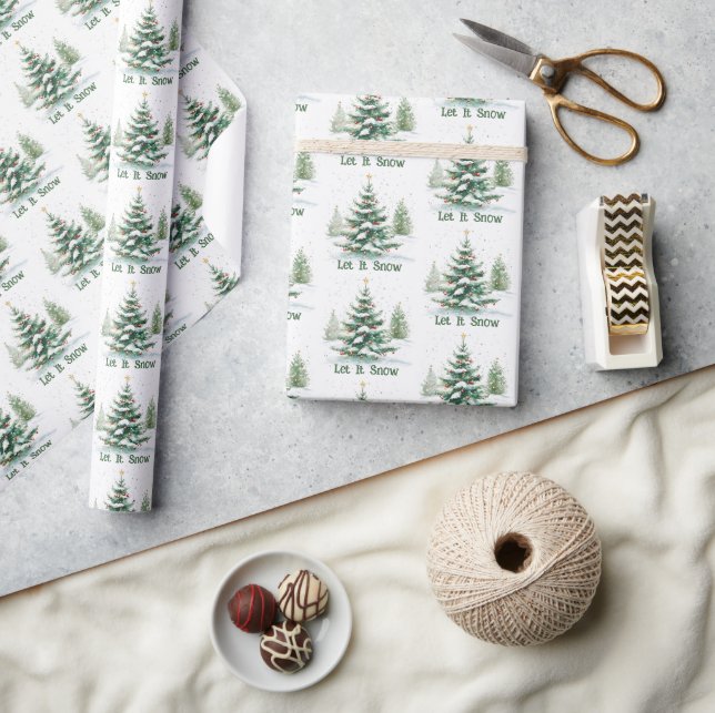 Festive Snowy Christmas Tree Let It Snow Wrapping Paper (Crafts)