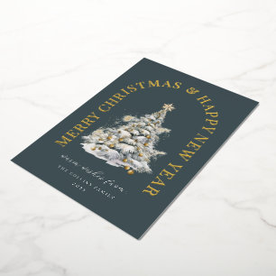 Festive Snowy Christmas Tree Modern Green Foil Holiday Card