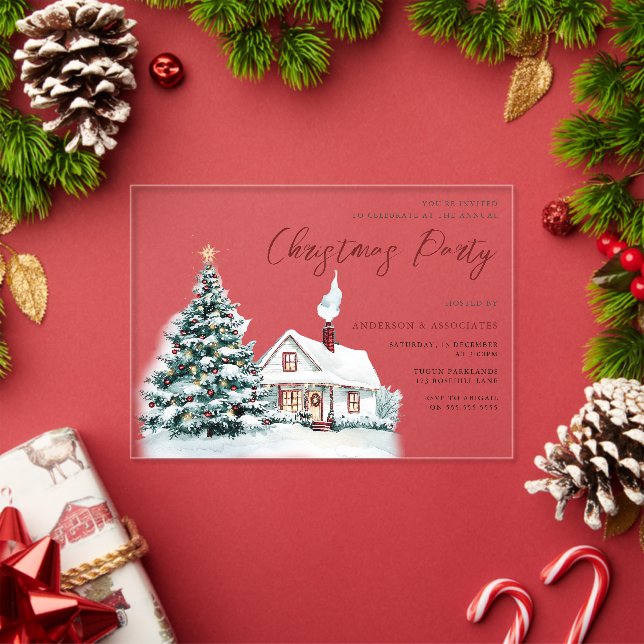Festive Snowy House & Tree Christmas Party Acrylic Invitations (Insitu (Holiday))