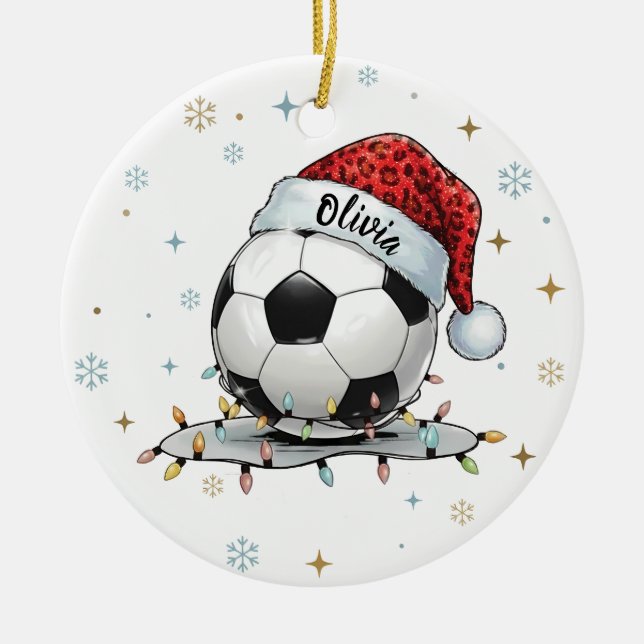 Festive Soccer Ball Holiday Design  Ceramic Ornament (Front)