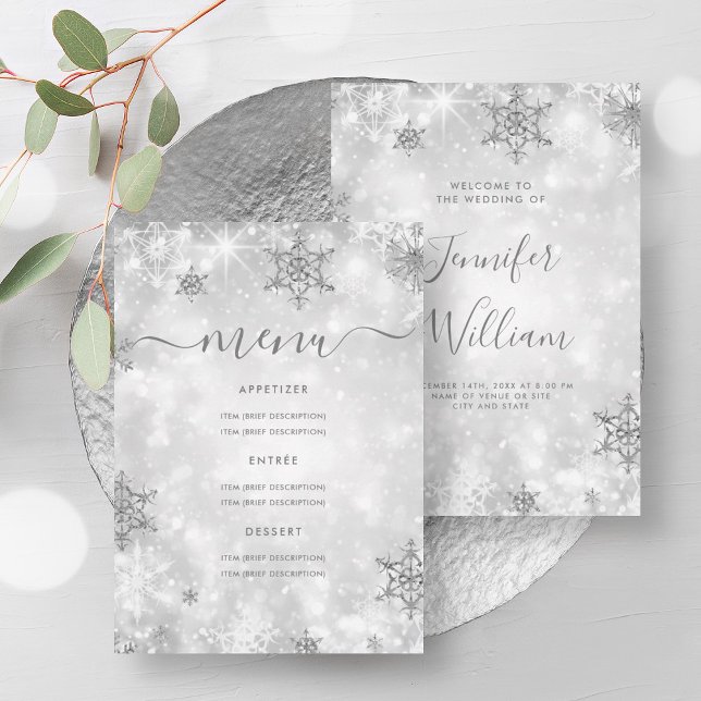 Festive Sparkle Silver Winter Wedding Menu  Invitation (Festive Sparkle Silver Winter Wedding Menu Invitation)