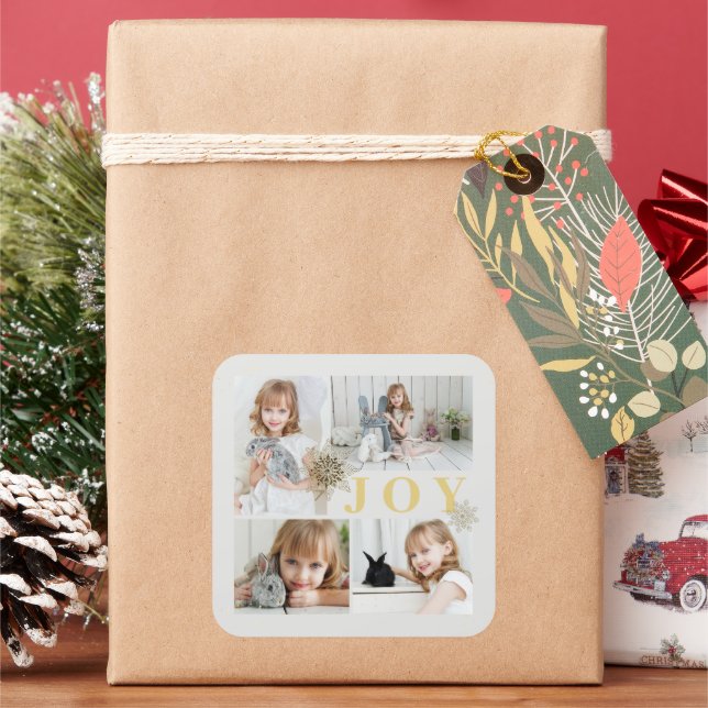 Festive Sparkling Gold Joy Christmas Photo Holiday Square Sticker (Holiday)